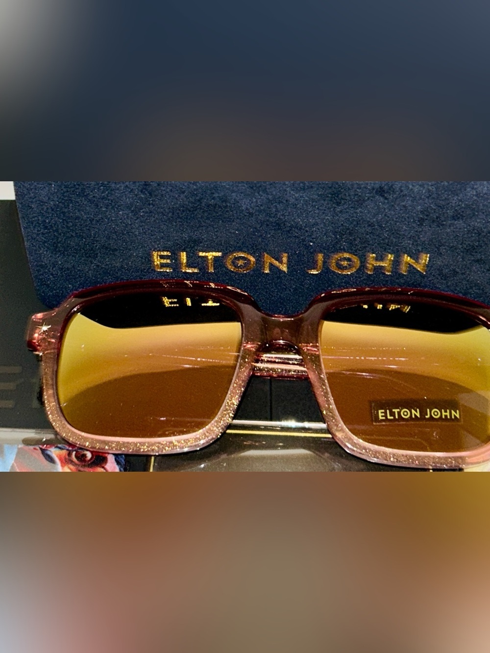 NIB Elton John Master Collection sunglasses. Pink Glitter Frame & Gold Mirroring - Picture 2 of 15